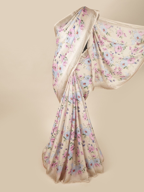 

Pothys Cream-Coloured & Purple Floral Saree