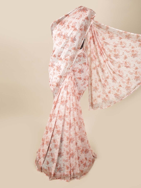 

Pothys Cream-Coloured & Rust Floral Beads and Stones Saree
