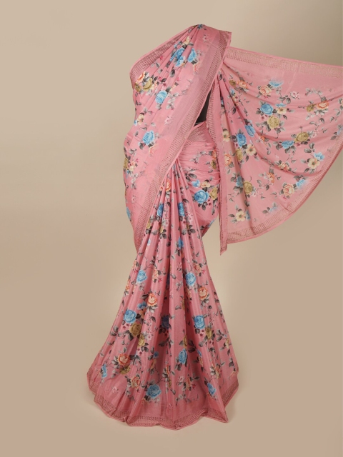 

Pothys Pink & Blue Floral Beads and Stones Saree