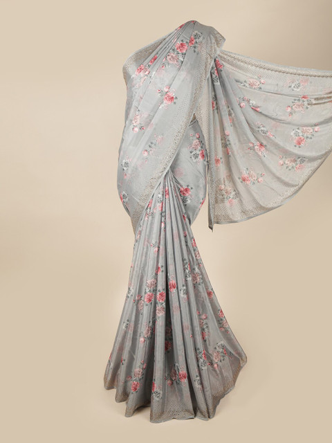 

Pothys Grey & Pink Floral Beads and Stones Saree