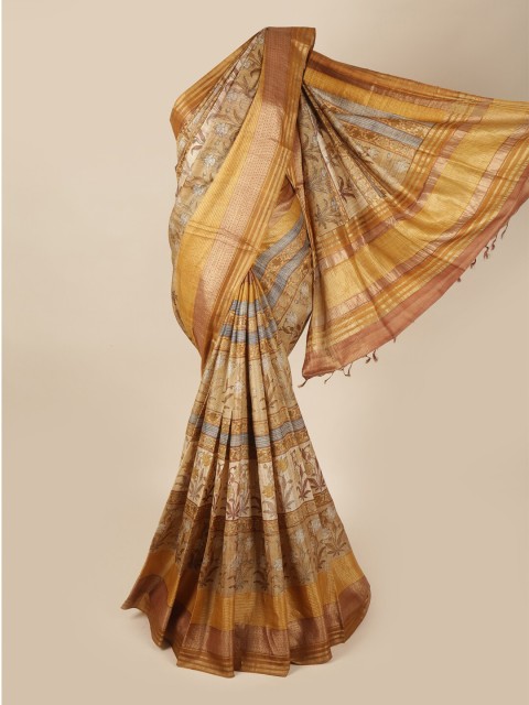 

Pothys Cream-Coloured & Brown Floral Printed Pure Silk Saree