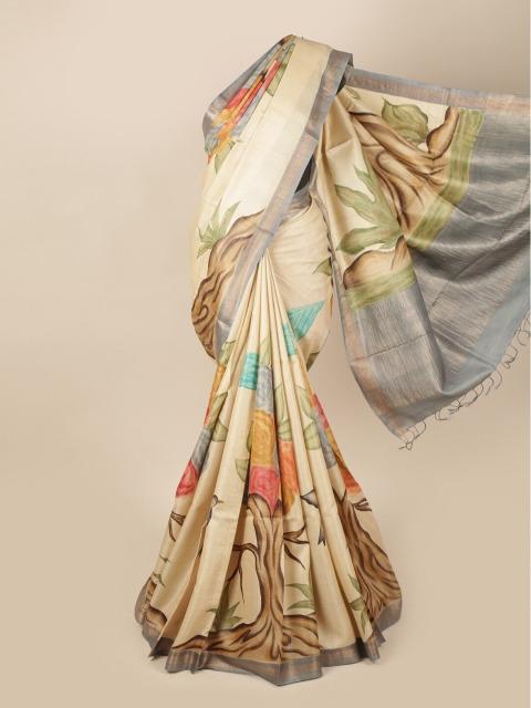 

Pothys Cream-Coloured & Blue Zari Pure Silk Saree