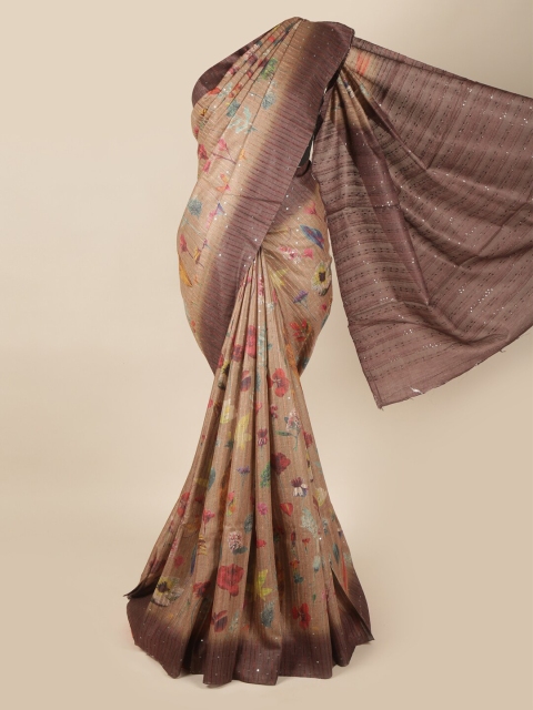 

Pothys Brown & Beige Floral Sequinned Pure Silk Saree
