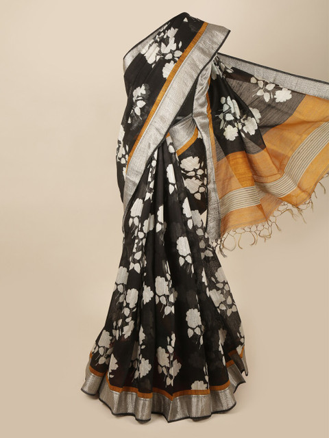 

Pothys Black & Silver-Toned Floral Printed Zari Pure Silk Saree