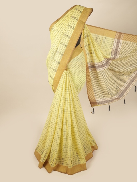 

Pothys Yellow & Gold-Toned Checked Beads & Stones Linen Blend Saree