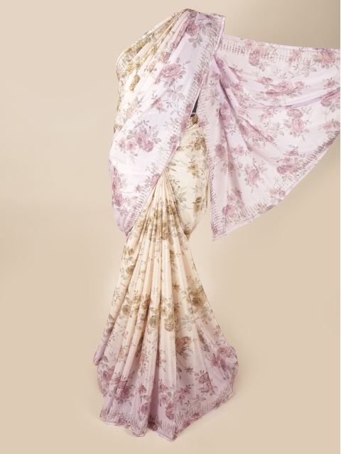 

Pothys Lavender & Beige Floral Printed Beads and Stones Saree