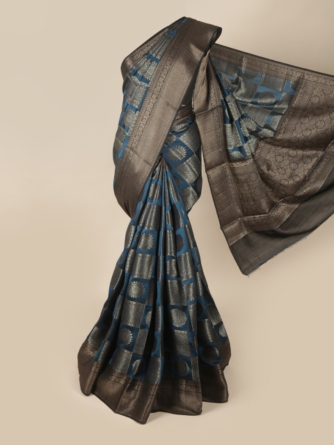 

Pothys Teal & Silver-Toned Floral Pure Silk Saree