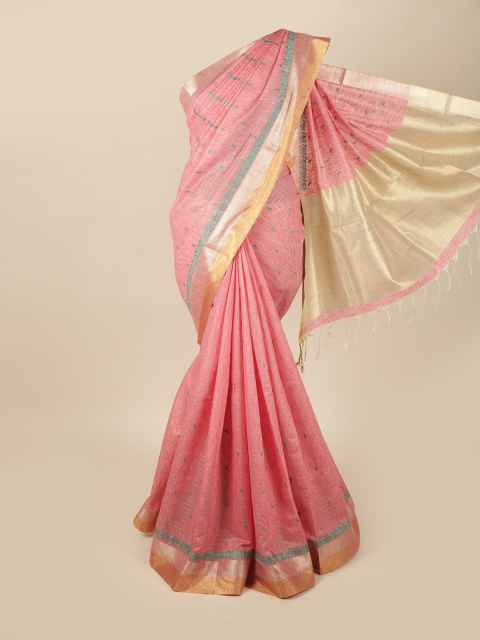 

Pothys Pink & Green Floral Zari Linen Blend Saree