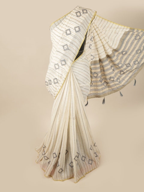 

Pothys Off White & Grey Striped Zari Linen Blend Saree