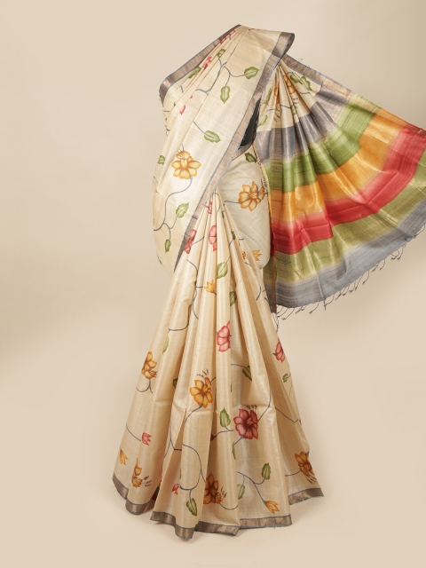 

Pothys Cream-Coloured & Red Floral Zari Pure Silk Saree