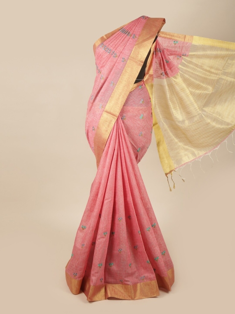 

Pothys Peach-Coloured & Gold-Toned Floral Embroidered Zari Linen Blend Saree