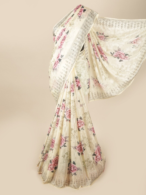 

Pothys Cream-Coloured & Pink Floral Beads and Stones Saree