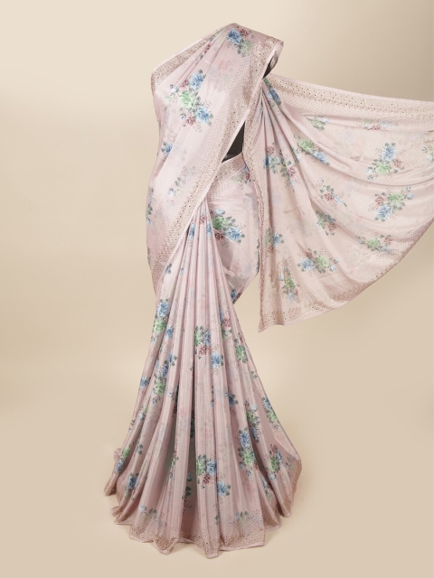 

Pothys Pink & Blue Floral Printed Poly Georgette Saree