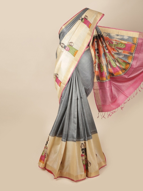 

Pothys Grey & Pink Ethnic Motifs Printed Pure Silk Saree