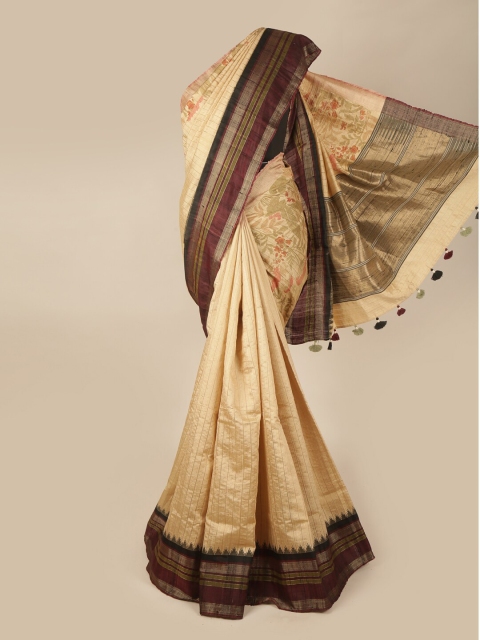 

Pothys Cream-Coloured & Maroon Ethnic Motifs Jute Silk Saree