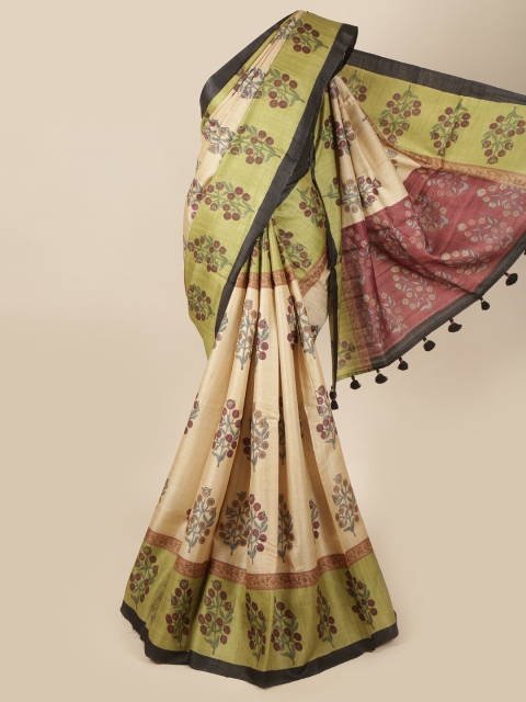 

Pothys Cream-Coloured & Green Floral Printed Pure Silk Saree