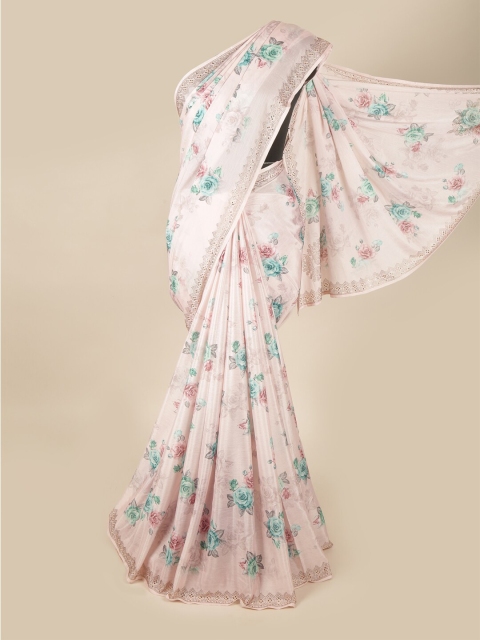 

Pothys Pink & Green Floral Printed Poly Georgette Saree