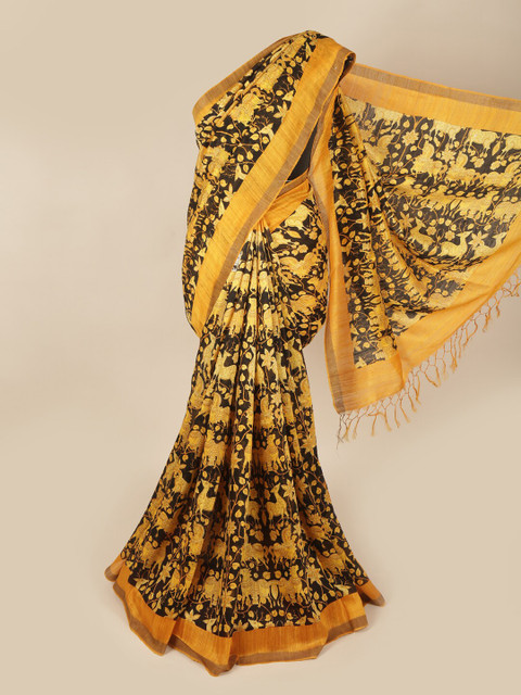 

Pothys Black & Yellow Floral Zari Pure Silk Saree
