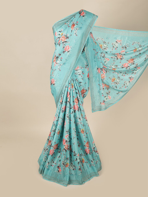 

Pothys Blue & Peach-Coloured Floral Printed Beads and Stones Saree