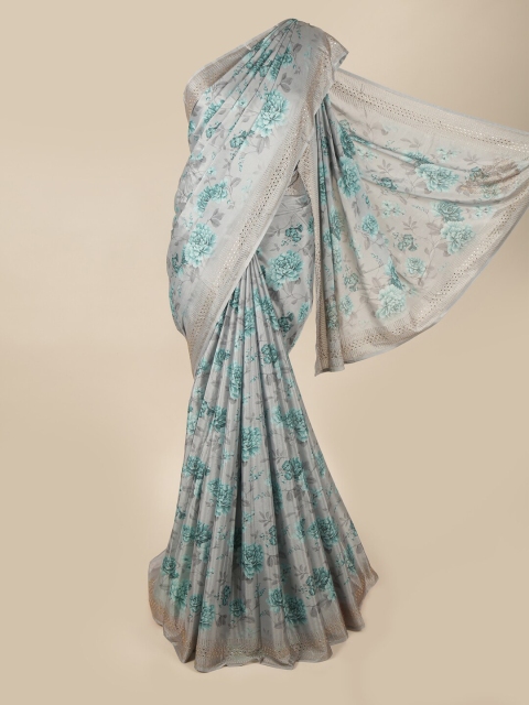 

Pothys Grey & Blue Floral Printed Poly Georgette Saree