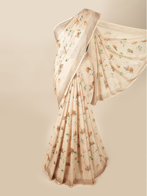 

Pothys Cream-Coloured & Orange Floral Saree
