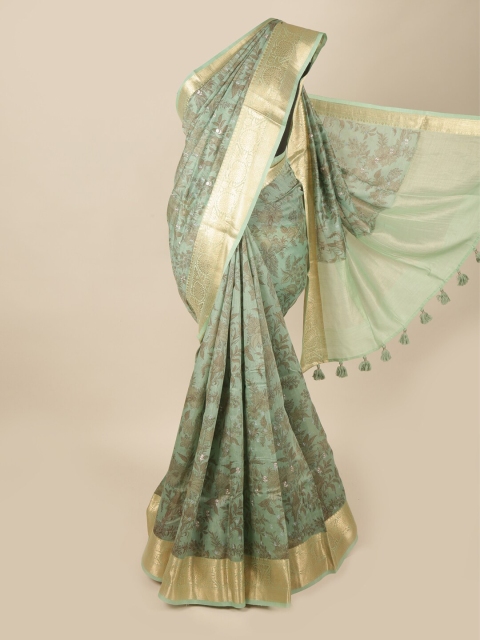 

Pothys Green & Gold-Toned Floral Zari Pure Silk Saree