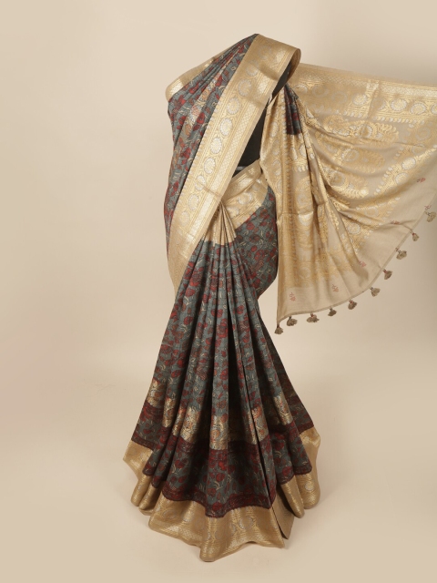 

Pothys Grey & Gold-Toned Floral Art Silk Banarasi Saree