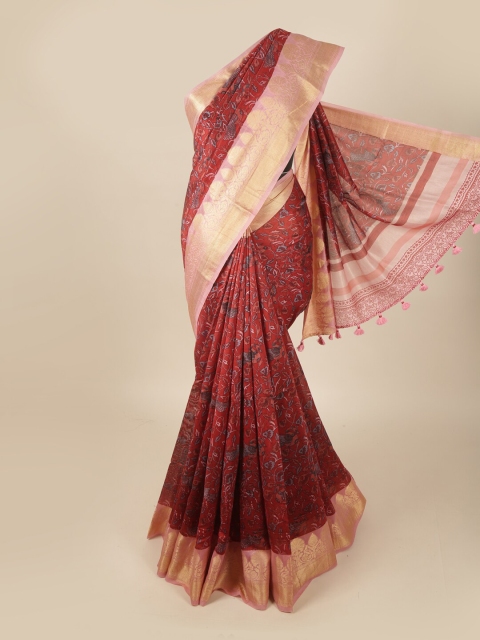 

Pothys Maroon & Gold-Toned Floral Zari Art Silk Banarasi Saree