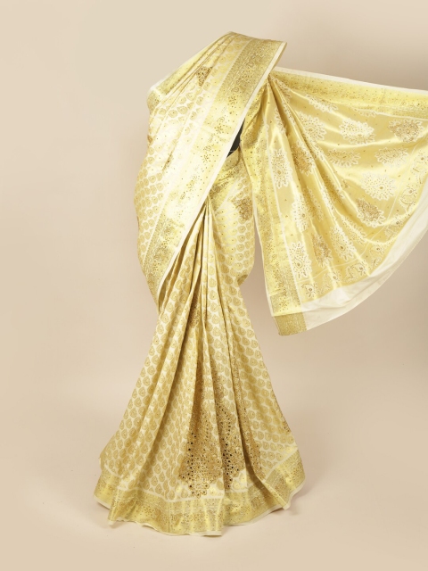 

Pothys Off White & Gold-Toned Ethnic Motifs Beads and Stones Art Silk Saree