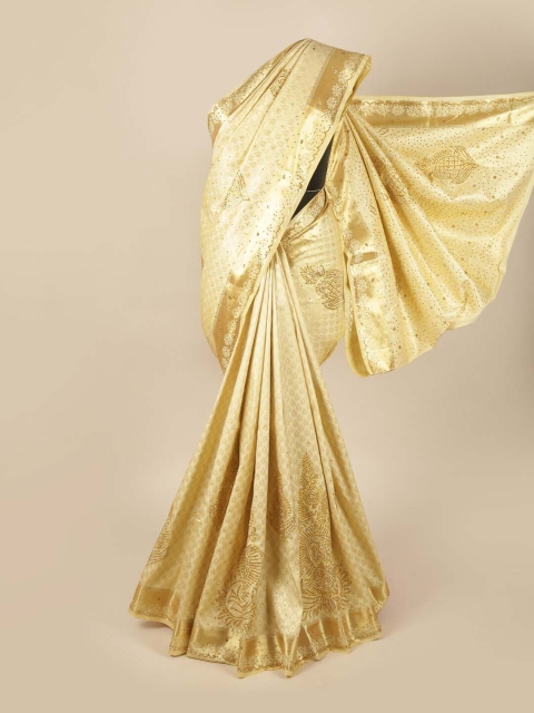 

Pothys Off White & Gold-Toned Ethnic Motifs Beads & Stones Art Silk Saree