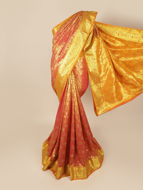 

Pothys Pink & Orange Ethnic Motifs Beads and Stones Art Silk Saree