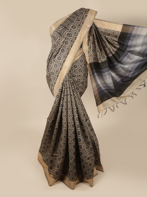 

Pothys Black & Grey Floral Art Silk Banarasi Saree