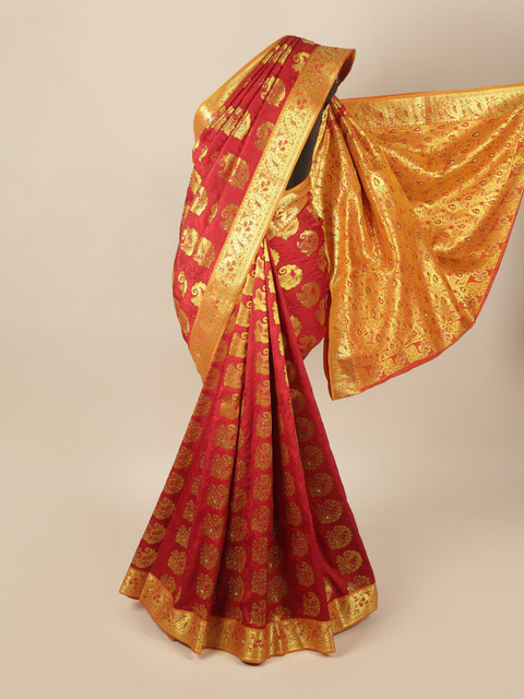 

Pothys Maroon & Gold-Toned Woven Design Art Silk Saree