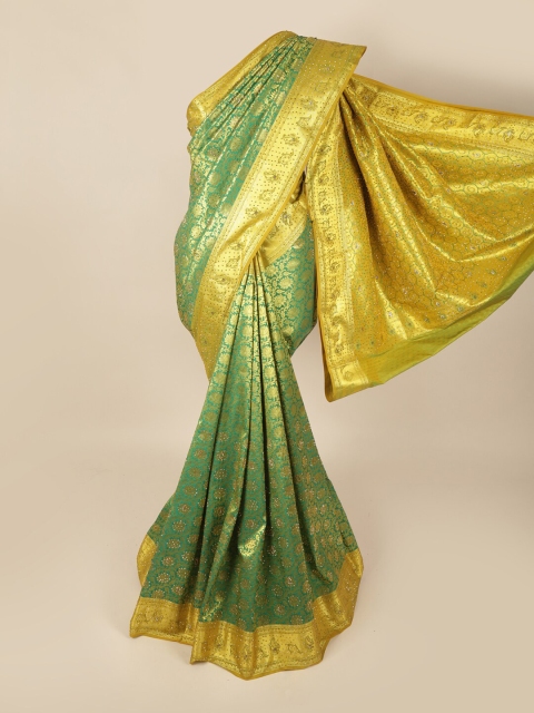 

Pothys Green & Gold-Toned Floral Beads and Stones Art Silk Saree