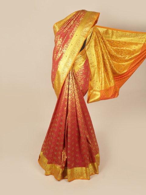 

Pothys Pink & Orange Ethnic Motifs Beads & Stones Art Silk Saree