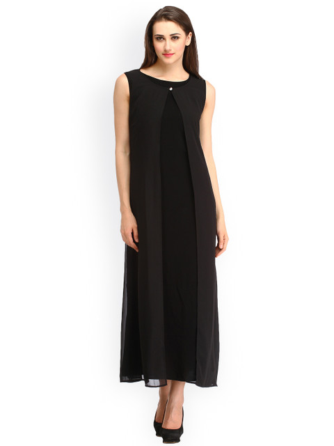 

Cottinfab Women Black Solid Georgette Layered Maxi Dress