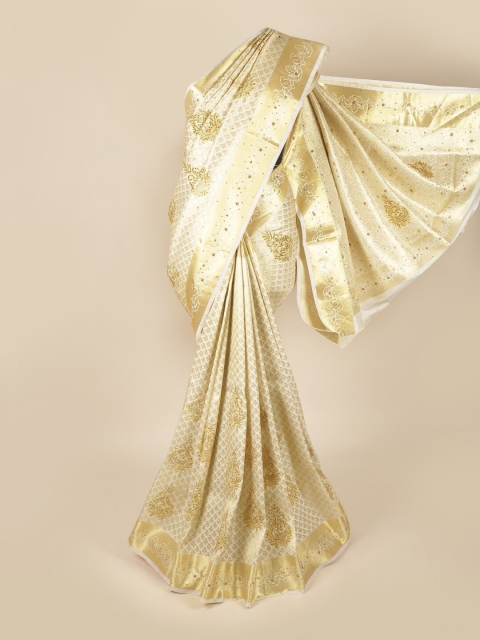 

Pothys Off White & Gold-Toned Ethnic Motifs Beads and Stones Art Silk Saree