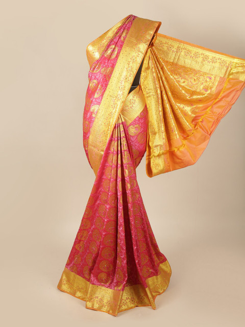 

Pothys Pink & Gold-Toned Woven Design Beads and Stones Art Silk Saree