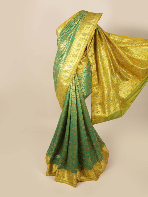 

Pothys Green & Gold-Toned Ethnic Motifs Beads and Stones Art Silk Saree