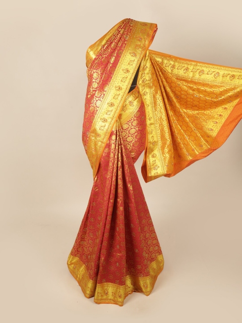 

Pothys Pink & Orange Ethnic Motifs Beads and Stones Art Silk Saree