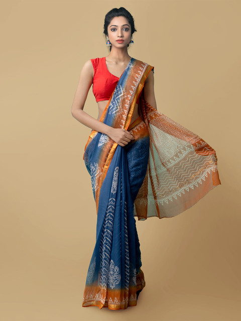 

Unnati Silks Blue & Orange Ethnic Motifs Zari Pure Cotton Kota Saree