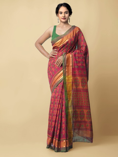 

Unnati Silks Red & Yellow Floral Pure Cotton Mangalagiri Saree