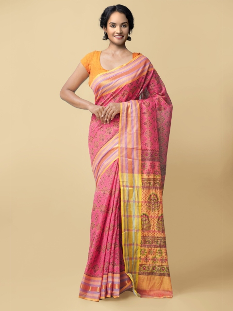 

Unnati Silks Pink Printed Printed Mangalagiri Pure Cotton Saree