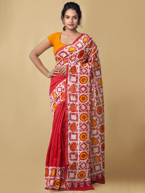 

Unnati Silks Red & White Silk Cotton Printed Chanderi Saree