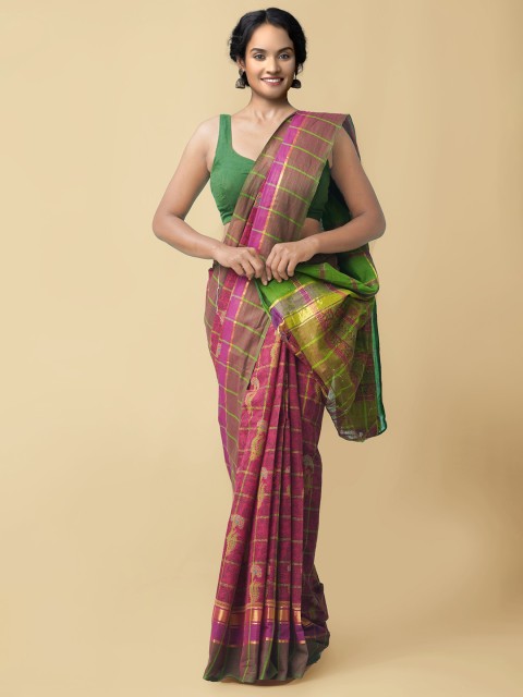 

Unnati Silks Red & Green Floral Pure Cotton Mangalagiri Saree