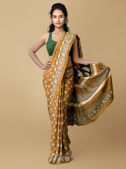 

Unnati Silks Yellow & White Floral Silk Blend Bagru Saree