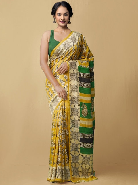 

Unnati Silks Yellow & Green Paisley Pure Silk Bagru Saree