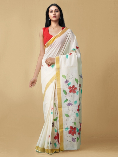 

Unnati Silks White & Red Floral Pure Cotton Kasavu Saree