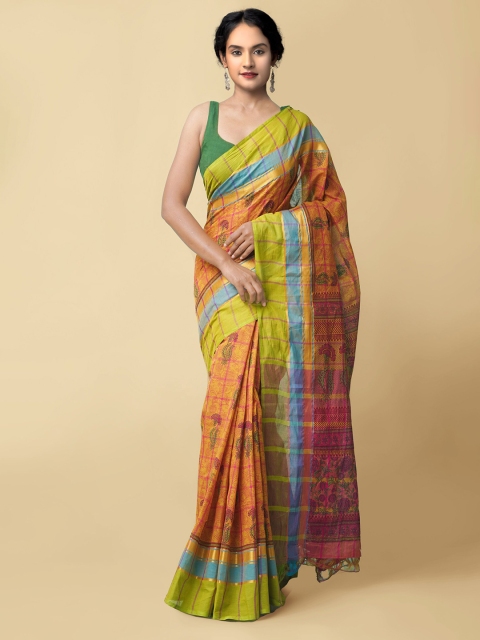 

Unnati Silks Orange & Green Ethnic Motifs Pure Cotton Mangalagiri Saree