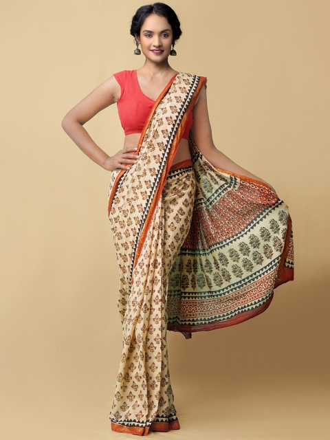 

Unnati Silks Beige & Red Ethnic Motifs Pure Mulmul Cotton Preet Bagru Saree